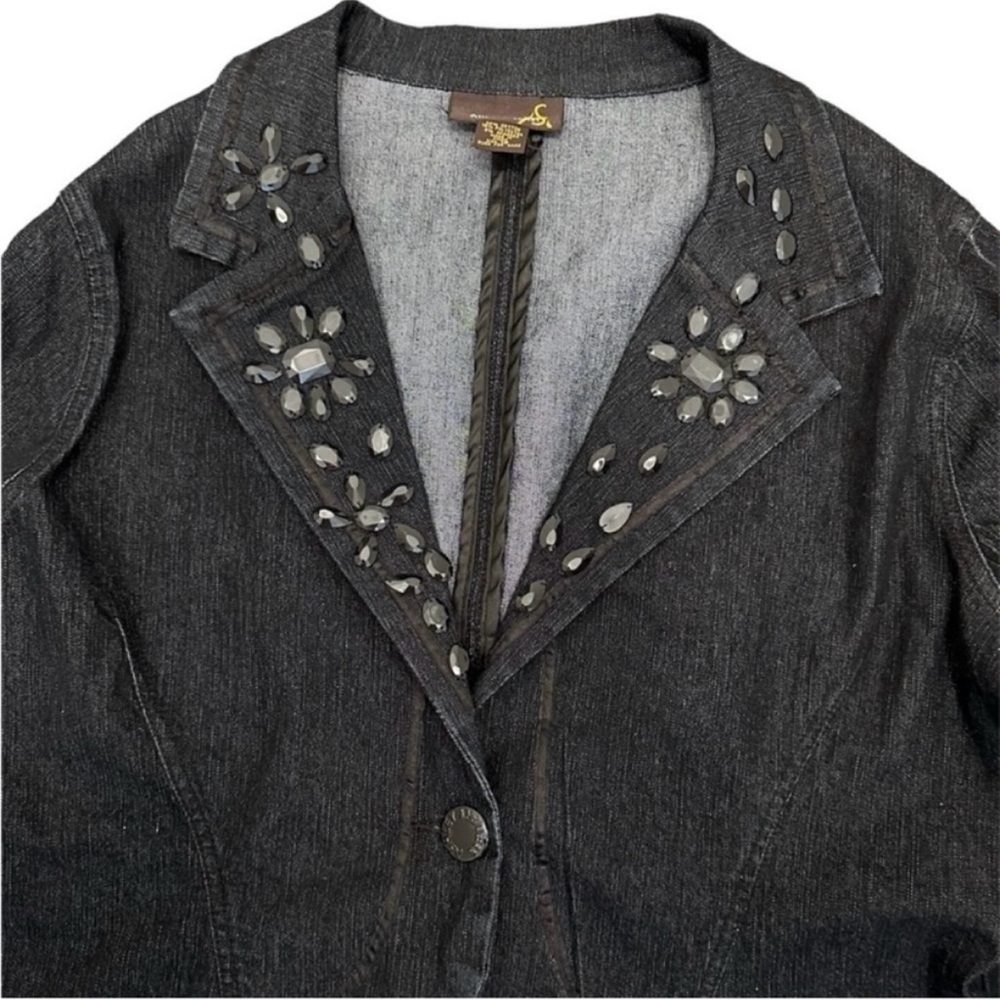 🔥 ASHLEY STEWART Black Denim Rhinestone Jacket/Blazer - Size 16